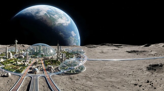Panoramic view of a futuristic moon metropolis with space transportation network