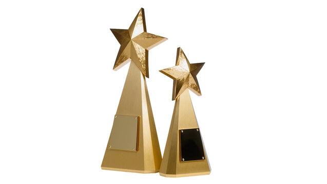 Two golden star trophies with blank plaques, isolated on transparent background