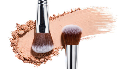 Two makeup brushes with brown bristles and silver handles on loose powder and foundation stroke, isolated on transparent background