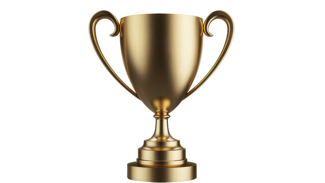 Shiny golden trophy cup with handles, isolated on transparent background