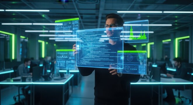 Software developer analyzing holographic data projections in dark office computer screens