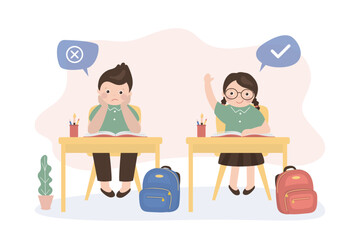 Fototapeta premium Education concept. Boy and girl sit at school desks during test. One child feels confident with check mark, while other is confused by question mark. Deadline clock.