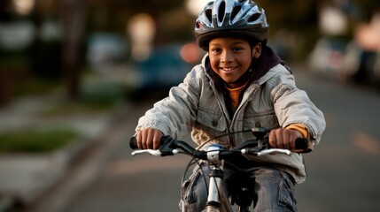 Naklejka premium Young boy with helmet happily riding a bicycle on a suburban street