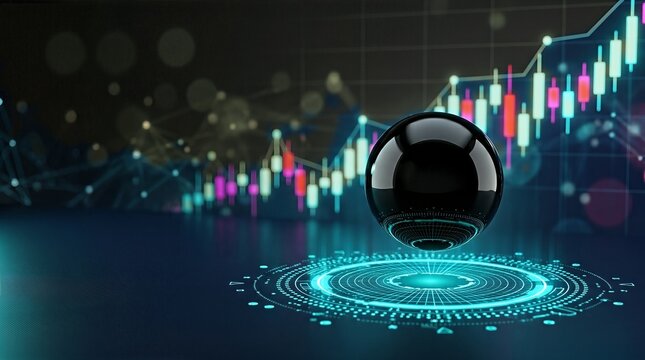 Black spherical object with glowing blue digital patterns hovering above a dark surface, with colorful financial charts and graphs in the background