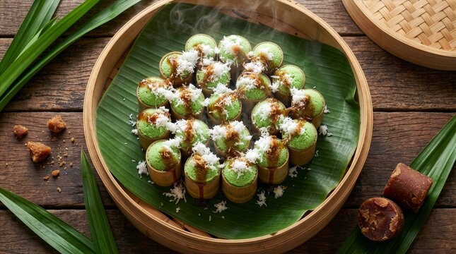 Steaming Hot Putu Bambu Pandan Cakes with Coconut and Palm Sugar
