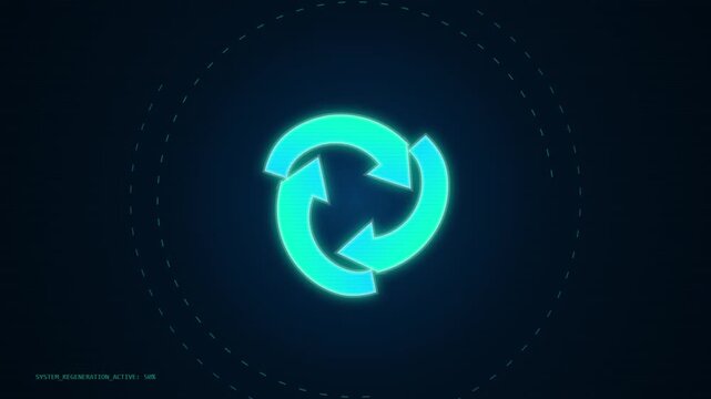 Futuristic glowing cyan circular arrows symbolizing continuous process on dark abstract background