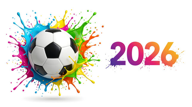 Soccer ball exploding with colorful paint splashes for 2026 celebration