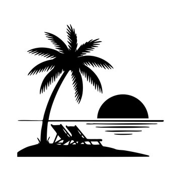 707Minimalist beach silhouette with palm tree, deck chairs, and ocean sunset, Summer holiday tropical island silhouette vector illustration, Bold palm tree and sunset icon, black and white beach vecto