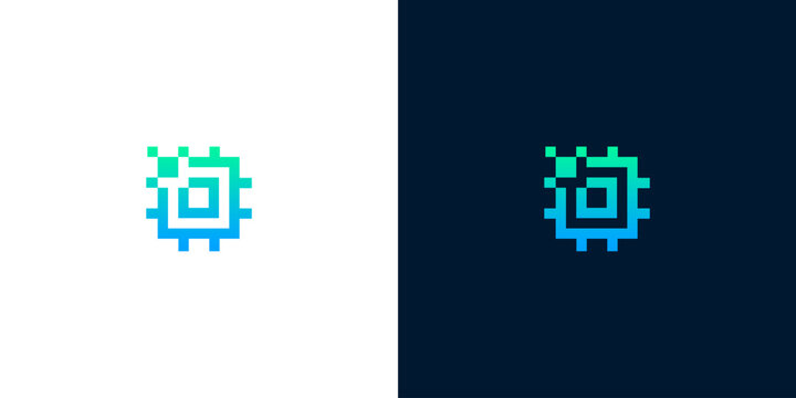 Abstract pixelated digital processor logo. Tech microchip icon with blue green gradient on white and dark backgrounds