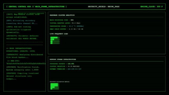 Central Control Hub Mainframe Infrastructure Server Dashboard Analytics Animation.