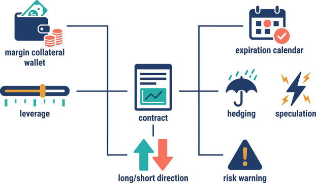 Contract diagram displays financial trading concepts including margin collateral, leverage, hedging, and risk warning indicators.