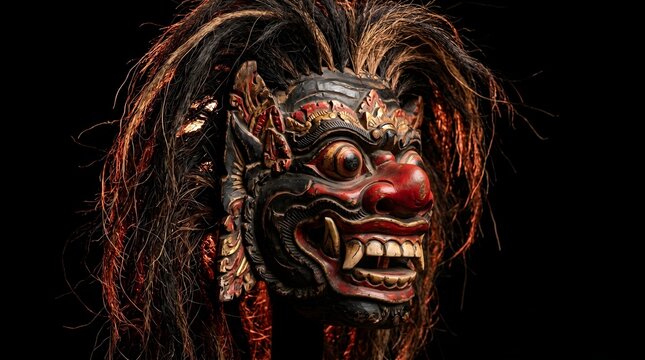 Traditional Balinese Rangda demon mask with long white hair displayed on a stand against a clean white background