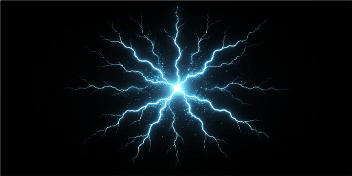 Electric blue lightning bolt in the night sky on a black background with storm energy thunder flash and electric power illustration