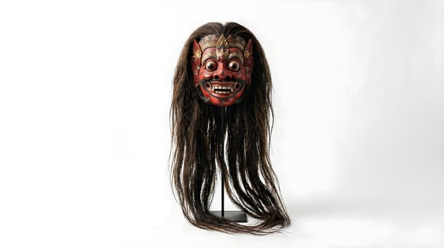 Traditional red Balinese leak mask with long hair displayed on a stand against a white background