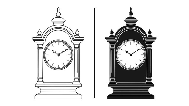Classical Mantel Clock Comparison: A diptych showcasing two antique mantel clocks, one rendered in classic line art and the other in a solid silhouette, side-by-side for a striking visual contrast.