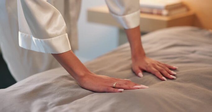 Change, hands and woman making bed in home for daily routine, fresh fabric or maintenance. Cleaning, morning and tidy with person in bedroom of apartment for chores, housework or responsibility