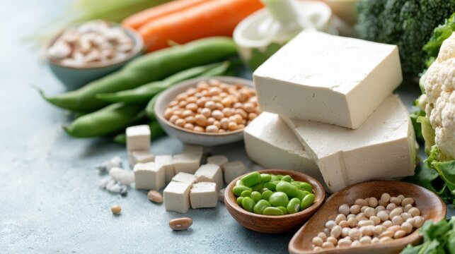 Tofu and soy protein arrangement with edamame and fresh vegetables for recipe card, menu, National Tofu Day