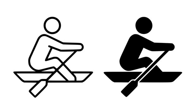 Rowing minimalist icon, in outline and silhouette design, for activity or sport symbol