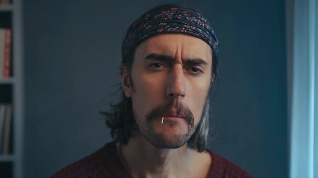 Close-up portrait of long-haired man with mustache horseshore and patterned headband indoors, toothpick in mouth, soft lighting, shallow depth of field, dark blue wall, blurred bookshelf background