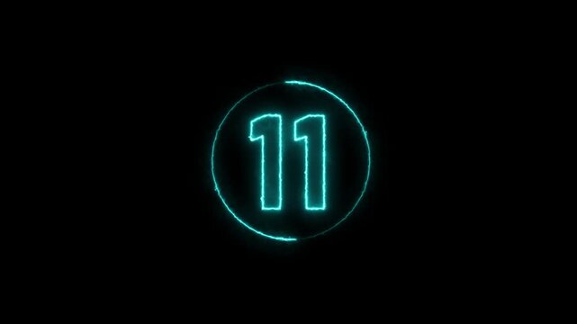 neon bright glowing countdown timer from 16 to 0 seconds. animation isolated on black background