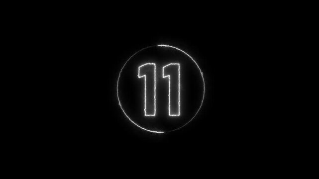 neon bright glowing countdown timer from 16 to 0 seconds. animation isolated on black background