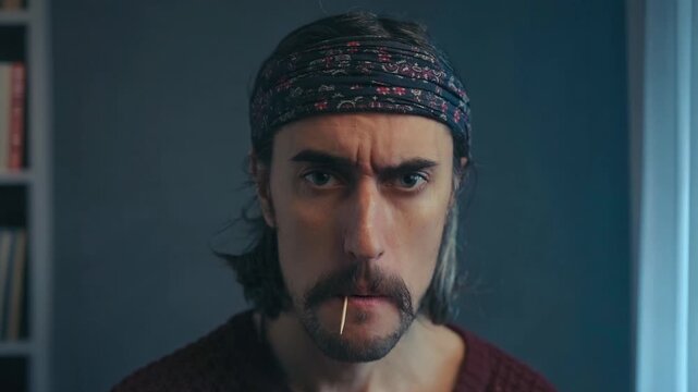 Young man close-up portrait with shoulder-length hair, mustache horseshore and patterned headband, holding a toothpick, indoors with soft window light and blurred bookshelf background