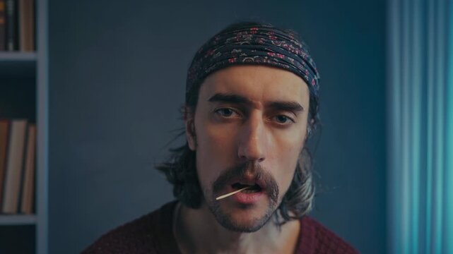 Young hippie man close-up portrait with mustache horseshore patterned headband, and dark textured sweater, holding a toothpick between lips, soft indoor light, blurred bookshelf background