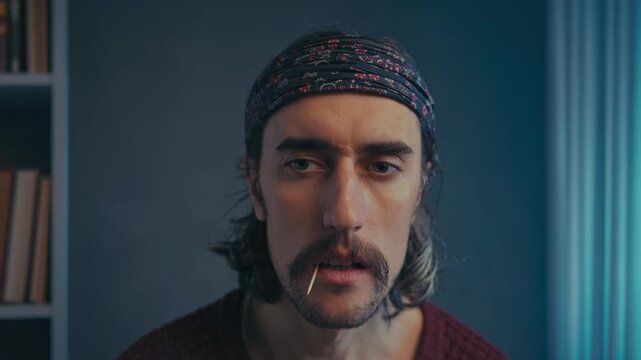 Young hippie man with long hair, patterned headband, and mustache horseshore holding a toothpick, close-up portrait in burgundy sweater, warm indoor background with bookshelves