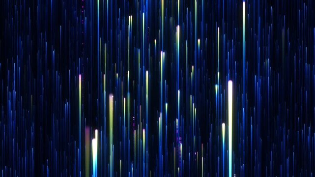 Abstract futuristic data flow with neon light streaks in a dark digital space. Concept of AI, big data analytics, neural networks, high-speed computing, and advanced cyber technology.