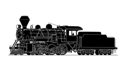 Silhouette of a Steam Locomotive: A detailed black silhouette of a vintage steam locomotive, showcasing its intricate machinery and classic design, ideal for historical or transportation themes. © mahmuda428