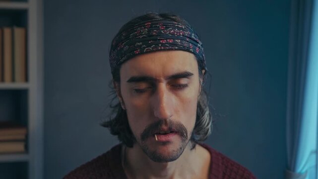 Sleepy hippie man close-up portrait with long hair, mustache horseshore patterned headband, and maroon sweater indoors, soft natural light, blurred bookshelf background