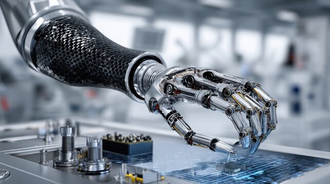 Robotic mechanical hand with carbon fiber arm and precision manipulator for industrial automation product design and technology background