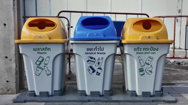 Public waste separation bins designated for plastic, general waste, and glass recycling. Ideal for sustainability, recycling programs, environmental conservation, and waste management projects.