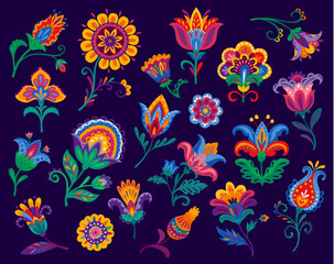 Fototapeta premium Mexican flowers and plants with ornament patterns. Vector floral designs feature folk embroidery motifs and ethnic decorative elements for fiesta graphics, Latin celebration and Mexican party