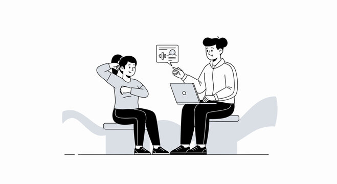Fitness Coach Consulting Client on Health and Wellness Plan using Laptop and Icons