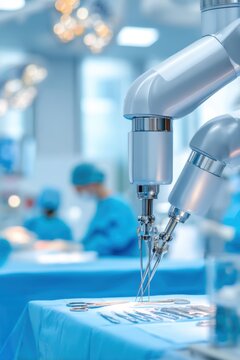 Robotic surgical instruments over sterile instrument table in operating room for healthcare design poster and surgical background