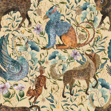 Medieval tapestry seamless pattern with watercolor mythical animals and millefleurs botanical background. Vintage gothic woodland wallpaper with griffin, fox and wolf for luxury textile and home decor