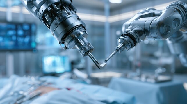 Close-up robotic surgical instruments in operating room for minimally invasive surgery design, medical poster and healthcare background
