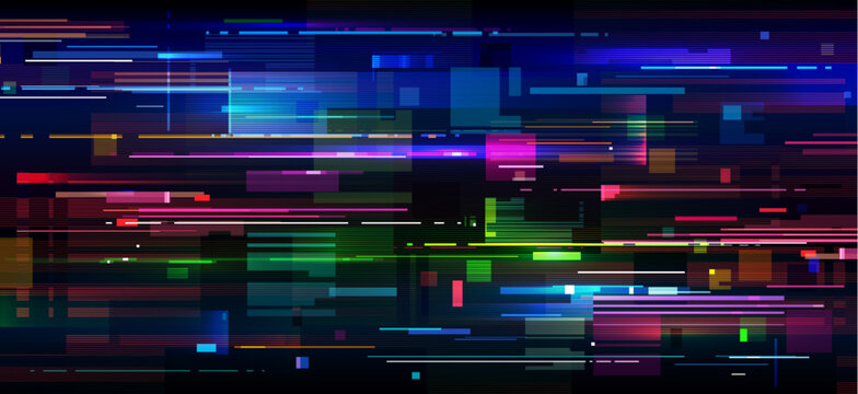 Rainbow lines game screen glitch effect background. Video game digital pixel noise, analog TV static and no signal error texture background with glitched neon color lines and broken pixel pattern