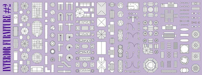 Obraz premium Garden interior and furniture top view floor plan icons. Outdoor interior and landscape design thin line elements of patio and lounge zone furniture, building, pool and plants floorplan top view icons