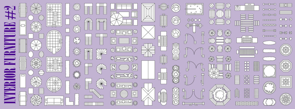 Garden interior and furniture top view floor plan icons. Outdoor interior and landscape design thin line elements of patio and lounge zone furniture, building, pool and plants floorplan top view icons