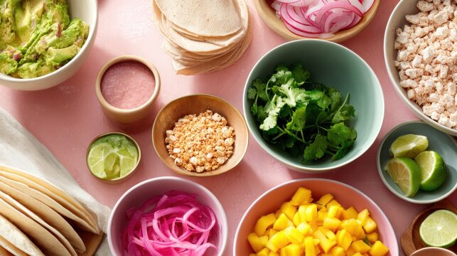Taco toppings ingredients flatlay with tortillas guacamole mango pickled onions lime and bowls for menu design recipe party background and social media