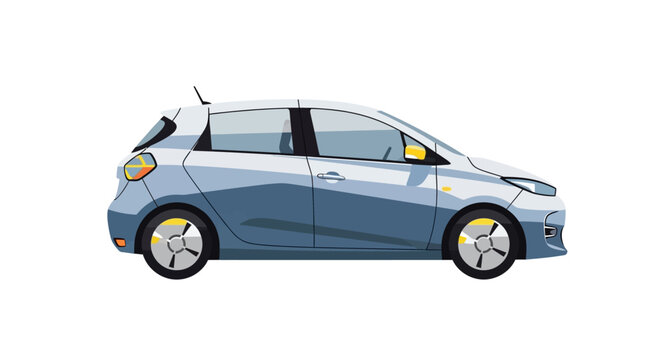 Blue electric hatchback car shown in profile on white background.