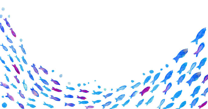 Watercolor underwater fish frame, transparent PNG, tropical ocean border with seaweed, marine life background, copy space / 水彩 海中 魚 フレーム 透過PNG 熱帯魚 海藻 海 洋風 背景素材 コピースペース 魚の群れ
