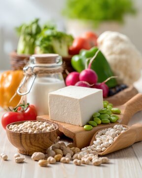Block of tofu with fresh vegetables edamame and plant milk for vegan ingredient still life and recipe card background for food design ,National Tofu Day