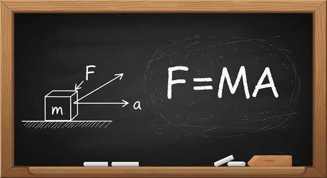 Physics formula for newtons second law of motion drawn on a classroom blackboard with a diagram