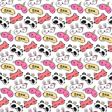 Patr&oacute;n continuo infantil con antifaces para dormir de animales kawaii y texto shn