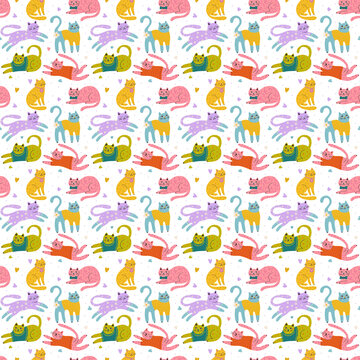 Patr&oacute;n continuo infantil con gatos de colores en varias posturas con corazones sobre fondo blanco