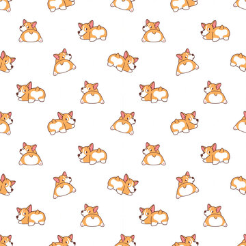 Patr&oacute;n continuo infantil con divertidos perros corgi de espaldas sobre fondo blanco