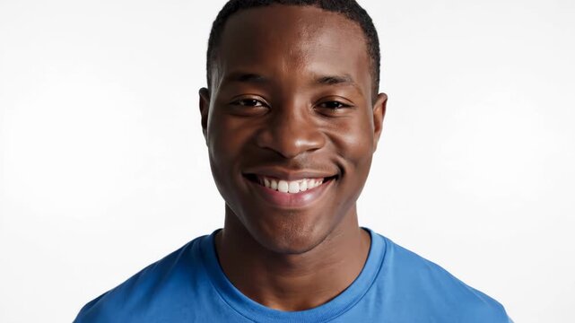portrait of smiling african american young man in blue t-shirt looking at camera against white background. positive emotion, happiness. corporate headshot, diverse representation.